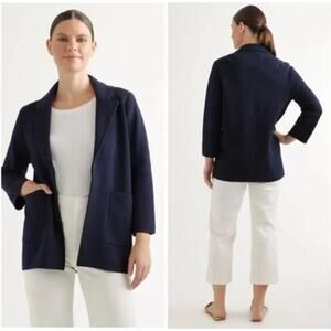 Quince 100% Organic Cotton Knit Open Blazer Jacket Navy Blue Pockets Size Medium